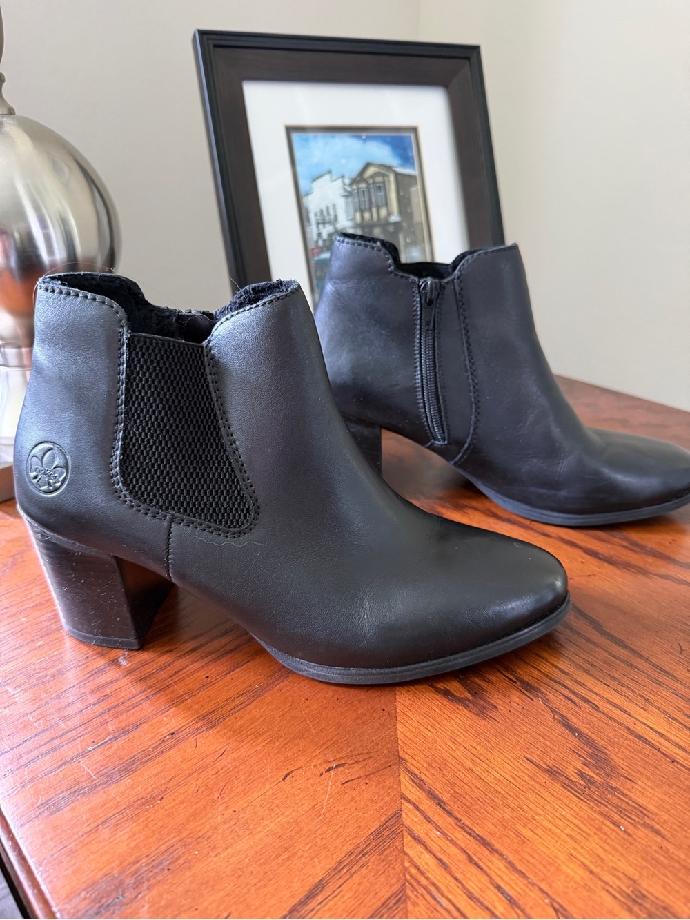 Rieker Black Leather Ankle Booties with Block Heel